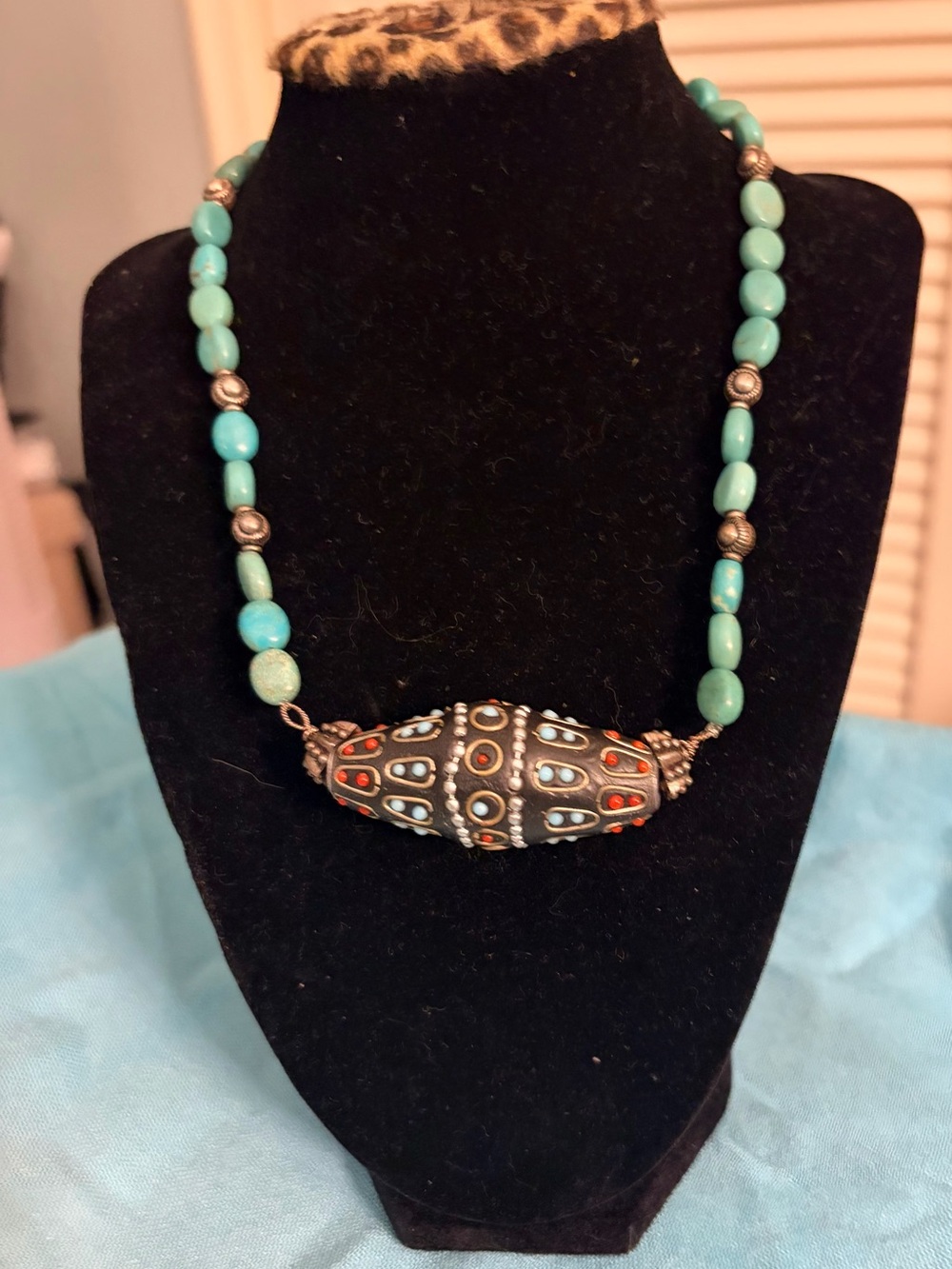 Turquoise Beaded Necklace with Ornate Enamel Pendant